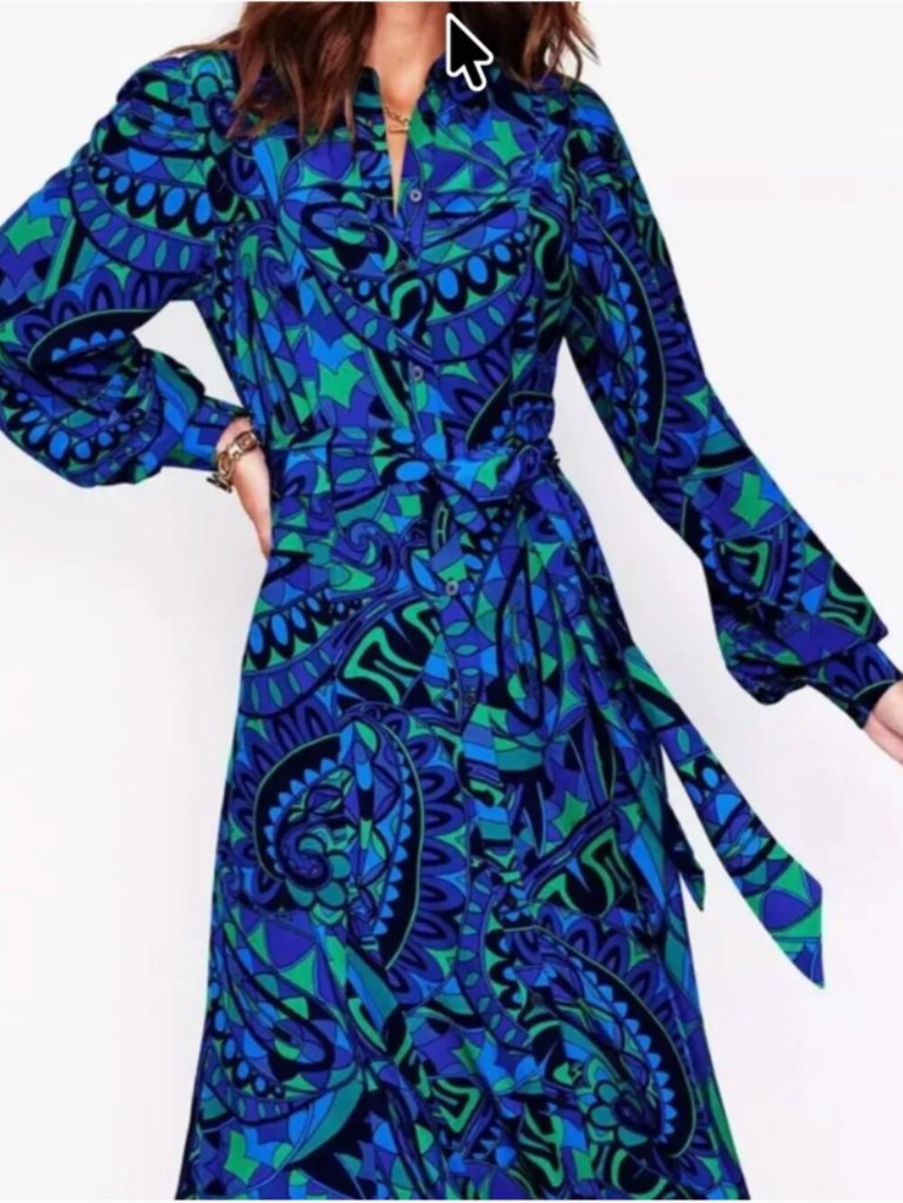 Boden Martha Godet Midi Dress Blue Green Paisley Belted Shirt Dress Womens 10 - Picture 5 of 7